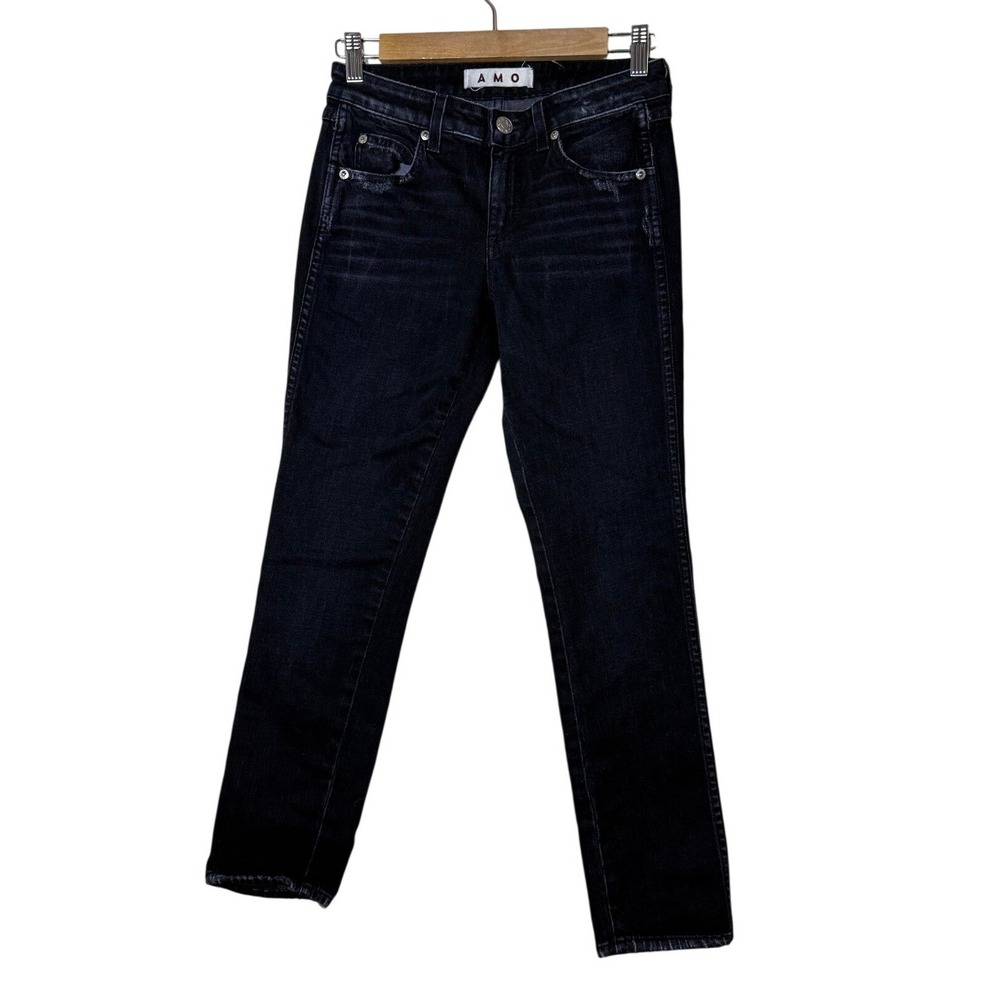 AMO Women Kate Slim Straight Jean 26 Black Ink Wash Distressed Edgy Indie Sleaze